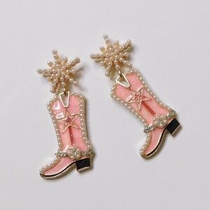 NEW Pink Cowgirl Boots Pearl Embellished Rhinestone Western Bling Glam Earrings